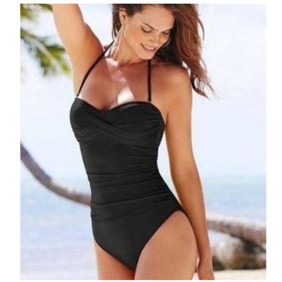 LA BLANCA Swimsuit SZ 14 One Piece Black NEW Twist Bandeau Halter/Strapless - Picture 1 of 16